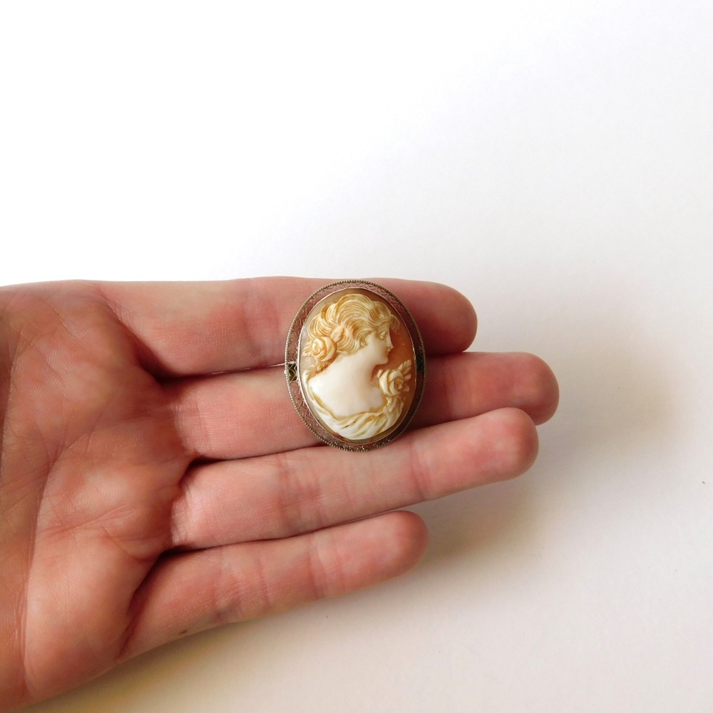 Antique 10K Solid White Gold Carved Cameo Brooch Art Deco Filigree Vintage - Picture 5 of 8